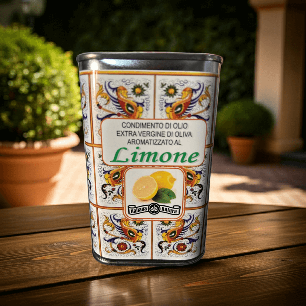 Extra Vergine Olijfolie al Limone in decoratief blik met citroenillustratie, 25cl verpakking.