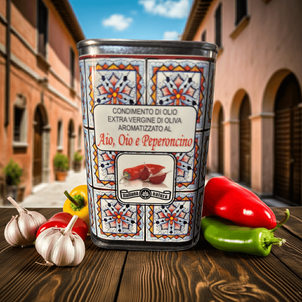 Extra Vergine Olijfolie “Aio, Oio e Peperoncino” 25cl – Decoratief Blik