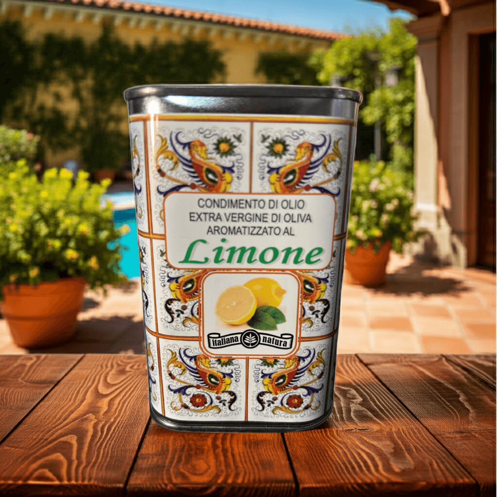 Extra Vergine Olijfolie al Limone in decoratief blik met citroenen en mediterrane achtergrond